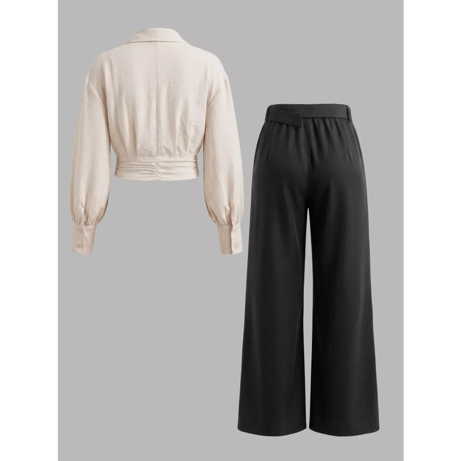 Tie-Front Shirt and Wide-Leg Pants Set Apparel Accessories