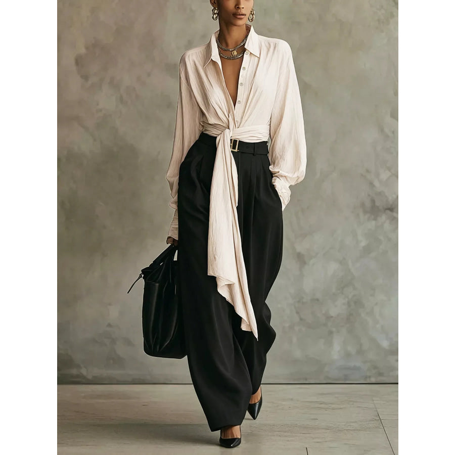 Tie-Front Shirt and Wide-Leg Pants Set Apricot / S Apparel Accessories