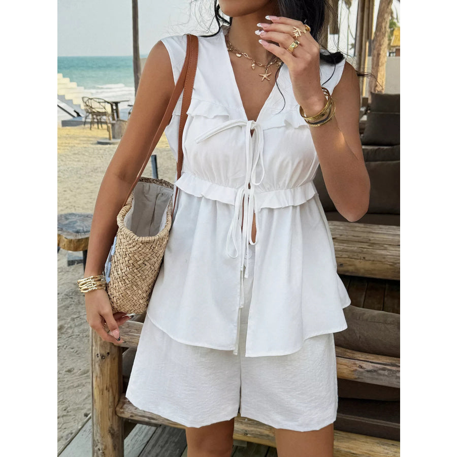 Tie-Front Sleeveless Top and Shorts Set Gray/white / S Apparel and Accessories
