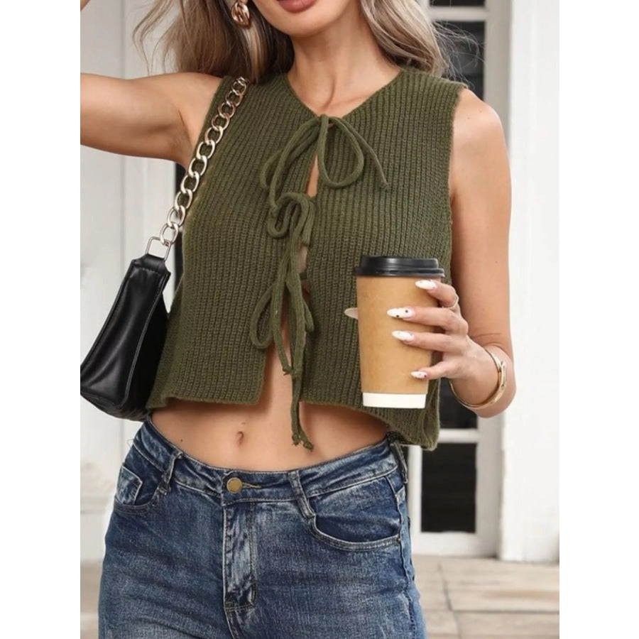 Tie-Front Sweater Tank Military Green / S Apparel and Accessories