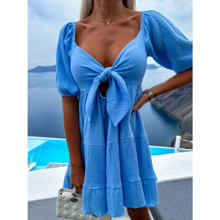 Tie-Front Tiered Mini Dress Blue / S Apparel and Accessories