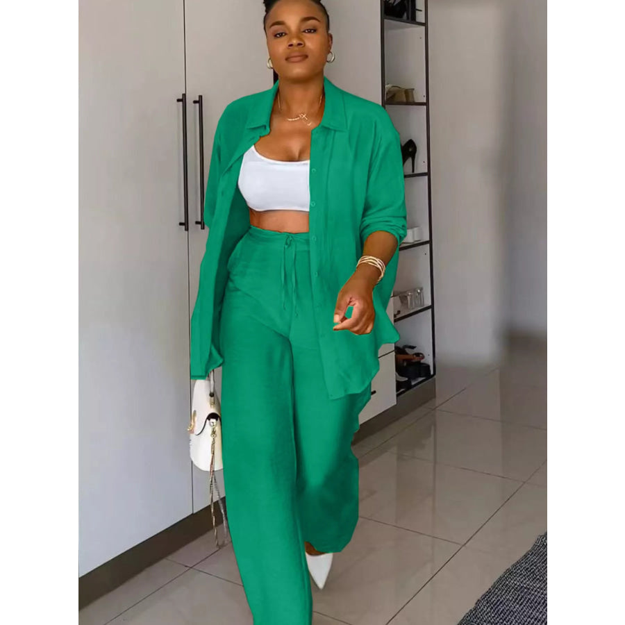 Tie-Front Top and Wide Leg Pants Set Apparel and Accessories