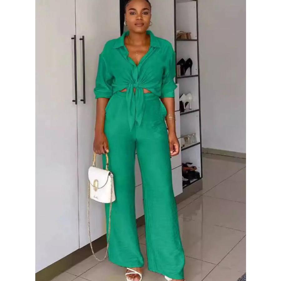 Tie-Front Top and Wide Leg Pants Set Apparel and Accessories