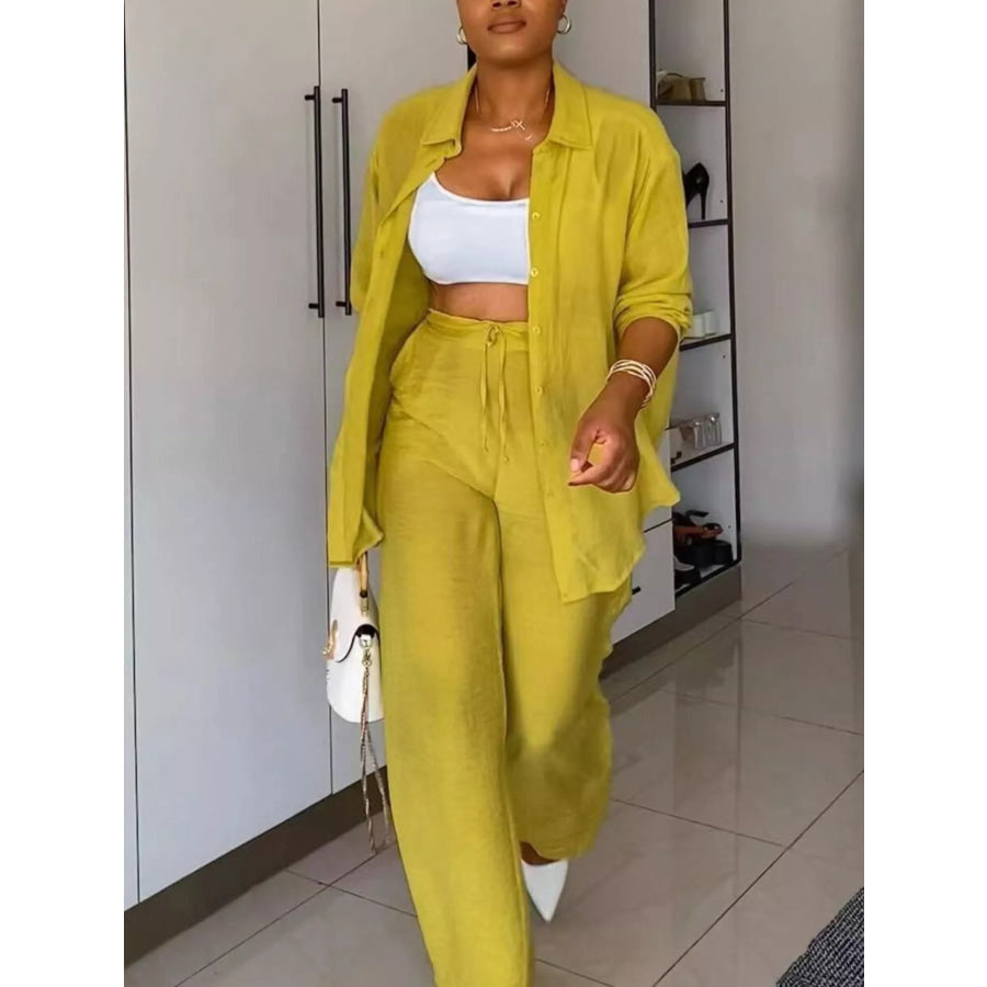 Tie-Front Top and Wide Leg Pants Set Apparel and Accessories