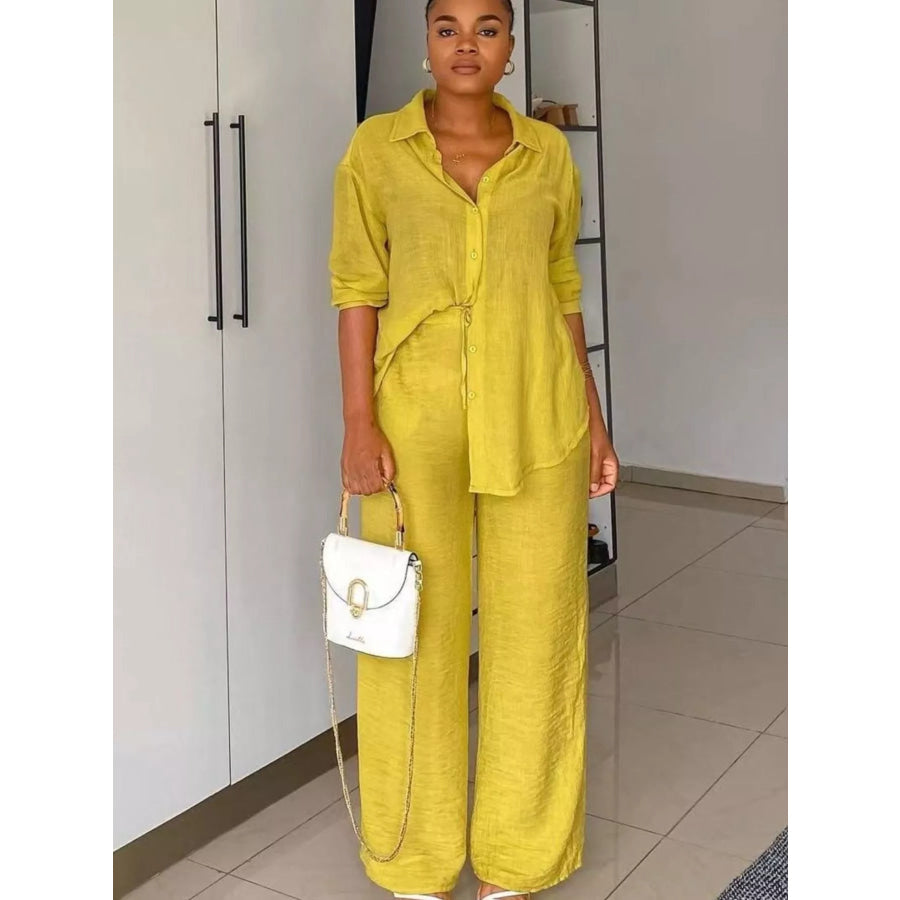 Tie-Front Top and Wide Leg Pants Set Apparel and Accessories