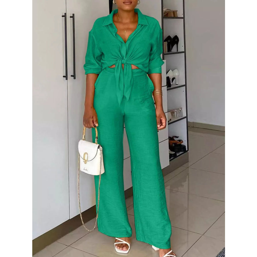 Tie-Front Top and Wide Leg Pants Set Green / S Apparel and Accessories