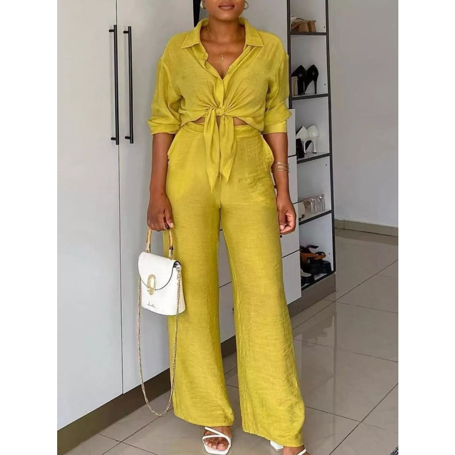 Tie-Front Top and Wide Leg Pants Set Lemon Yellow / S Apparel and Accessories