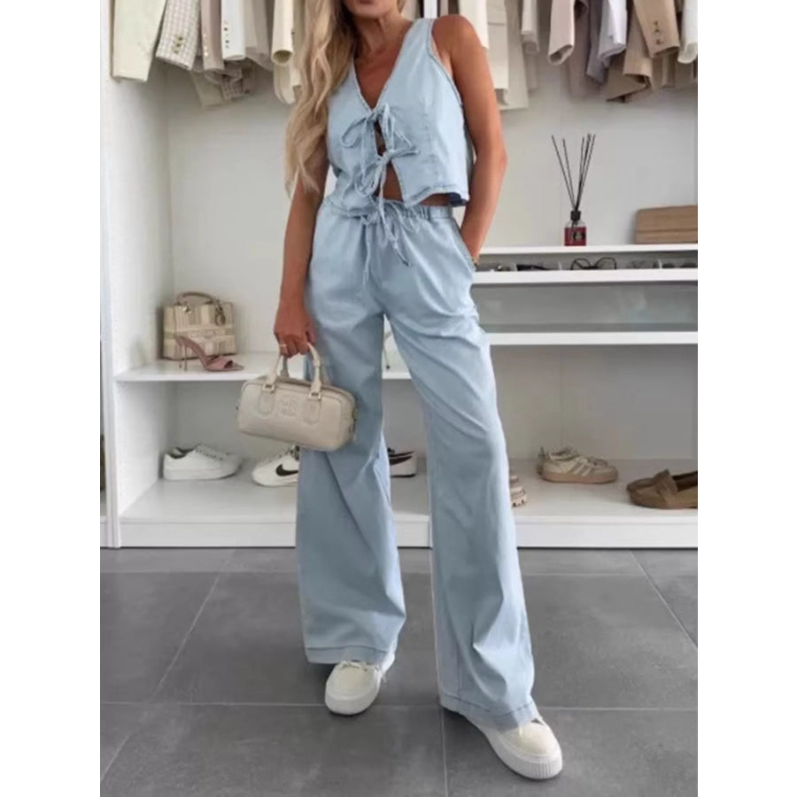 Tie Front Vest and Jeans Denim Set Light Blue / S Apparel and Accessories