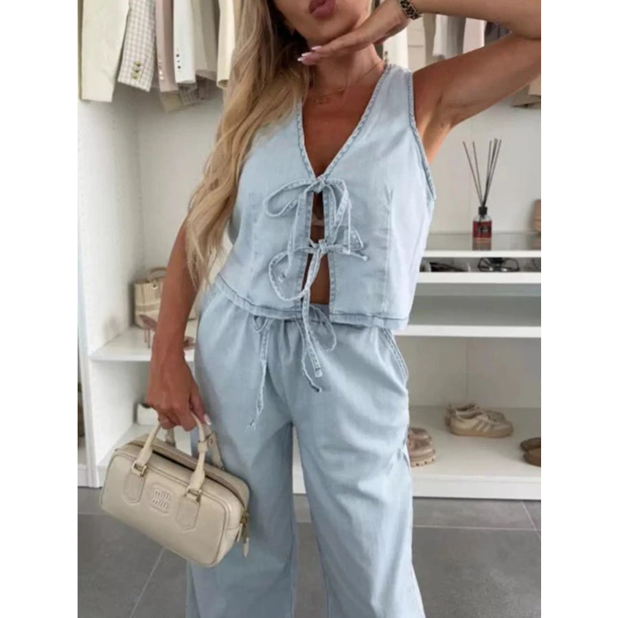 Tie Front Vest and Jeans Denim Set Light Blue Top / S Apparel and Accessories