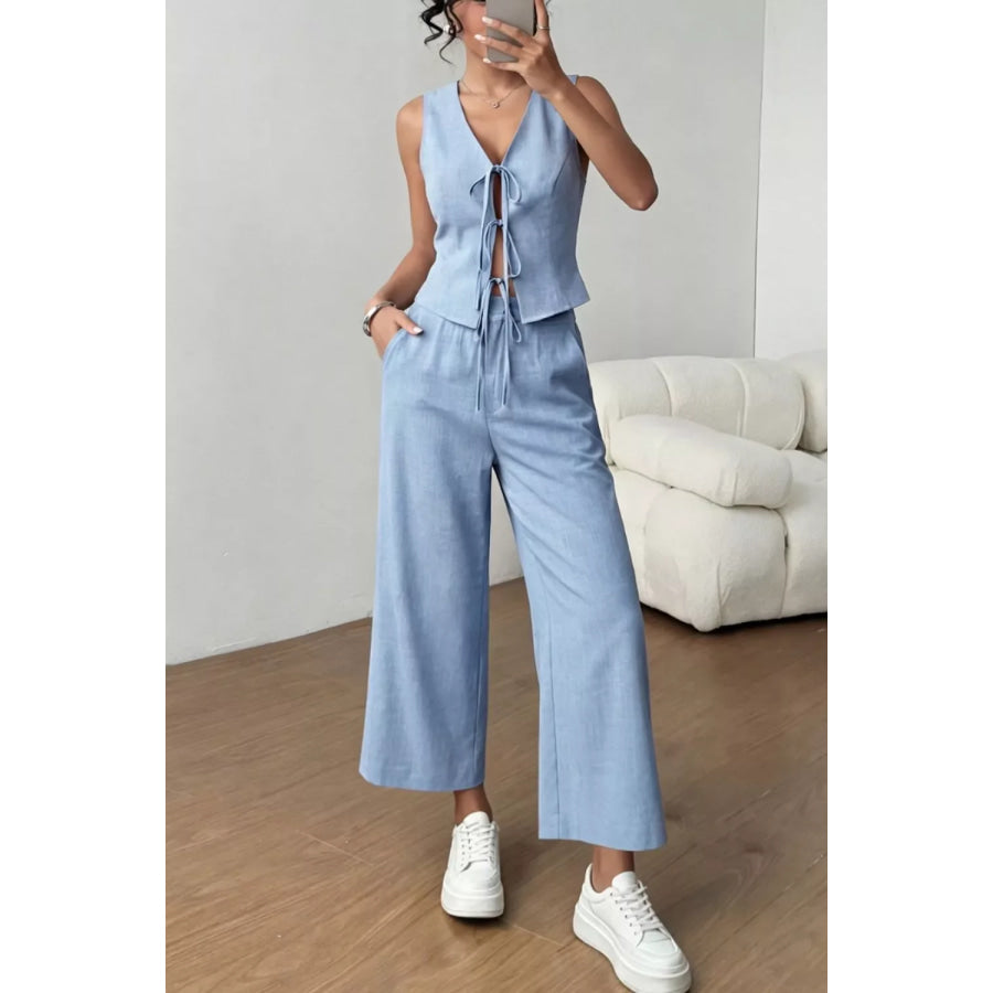 Tie Front Vest and Wide Leg Pants Set Apparel and Accessories