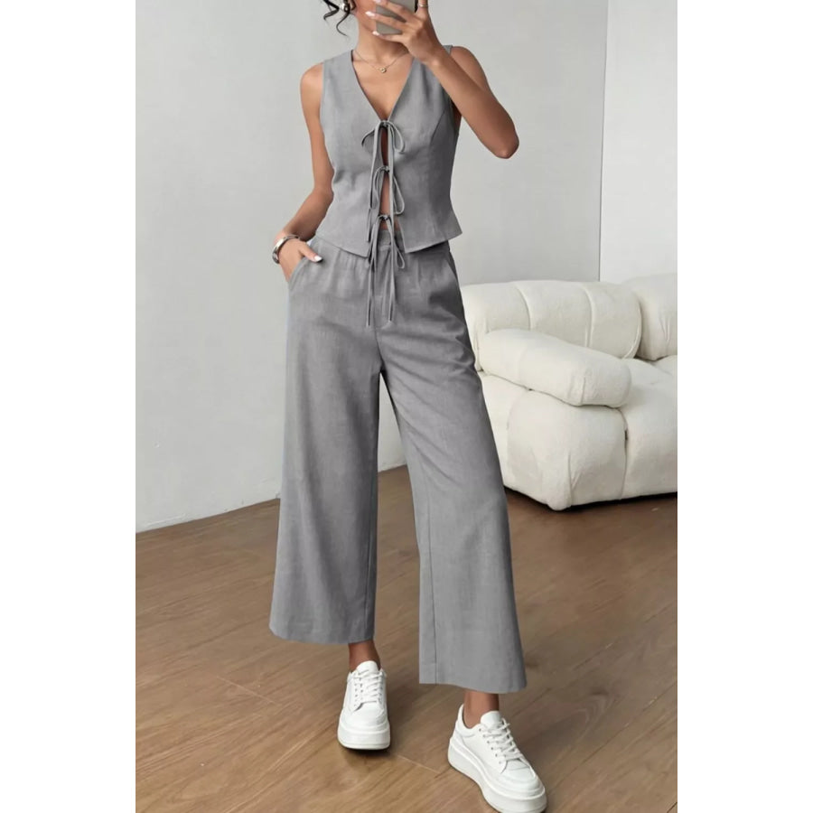 Tie Front Vest and Wide Leg Pants Set Apparel and Accessories