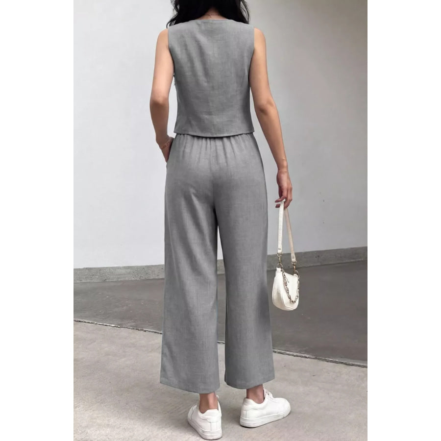 Tie Front Vest and Wide Leg Pants Set Apparel and Accessories