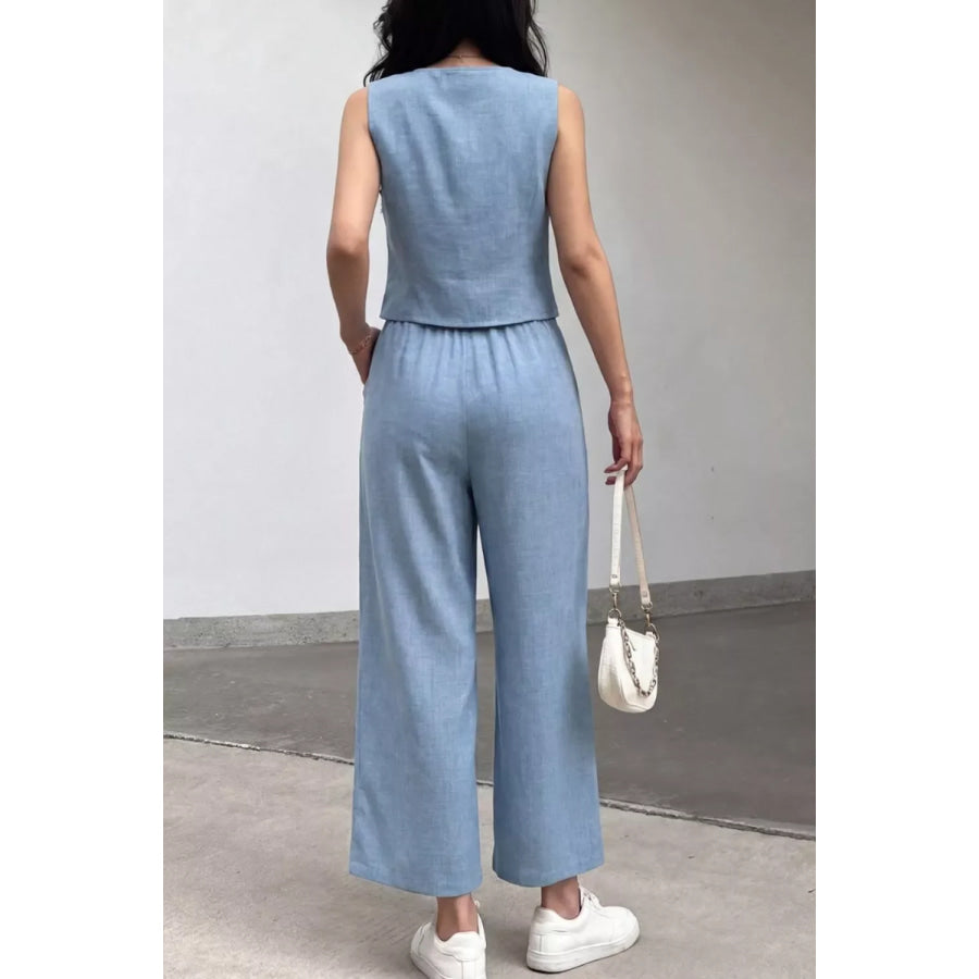 Tie Front Vest and Wide Leg Pants Set Apparel and Accessories