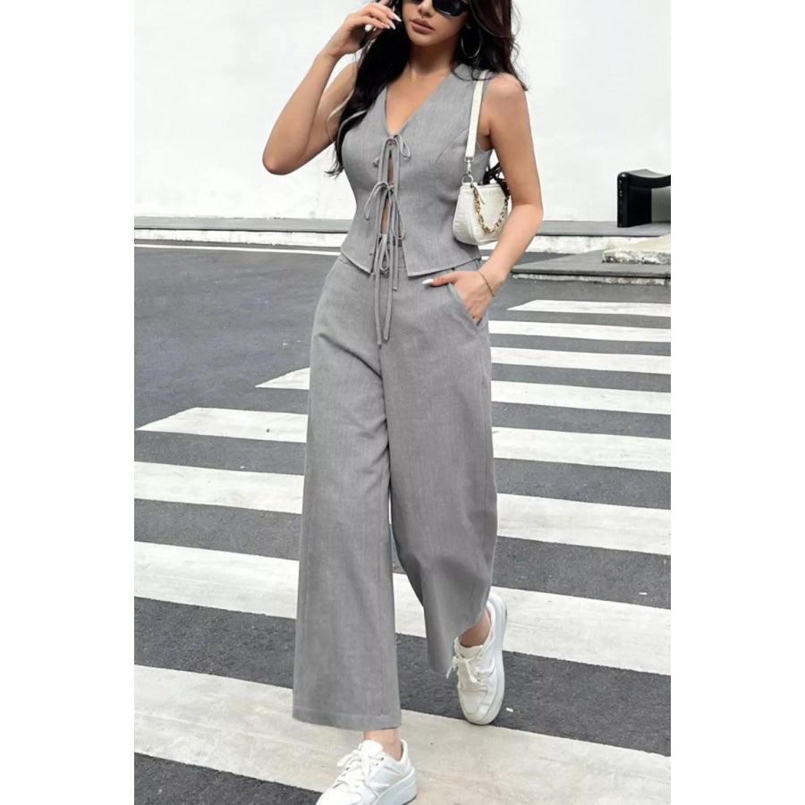 Tie Front Vest and Wide Leg Pants Set Apparel and Accessories