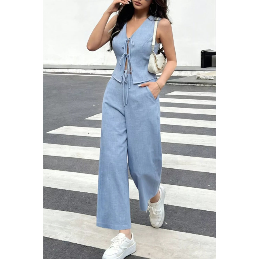 Tie Front Vest and Wide Leg Pants Set Apparel and Accessories