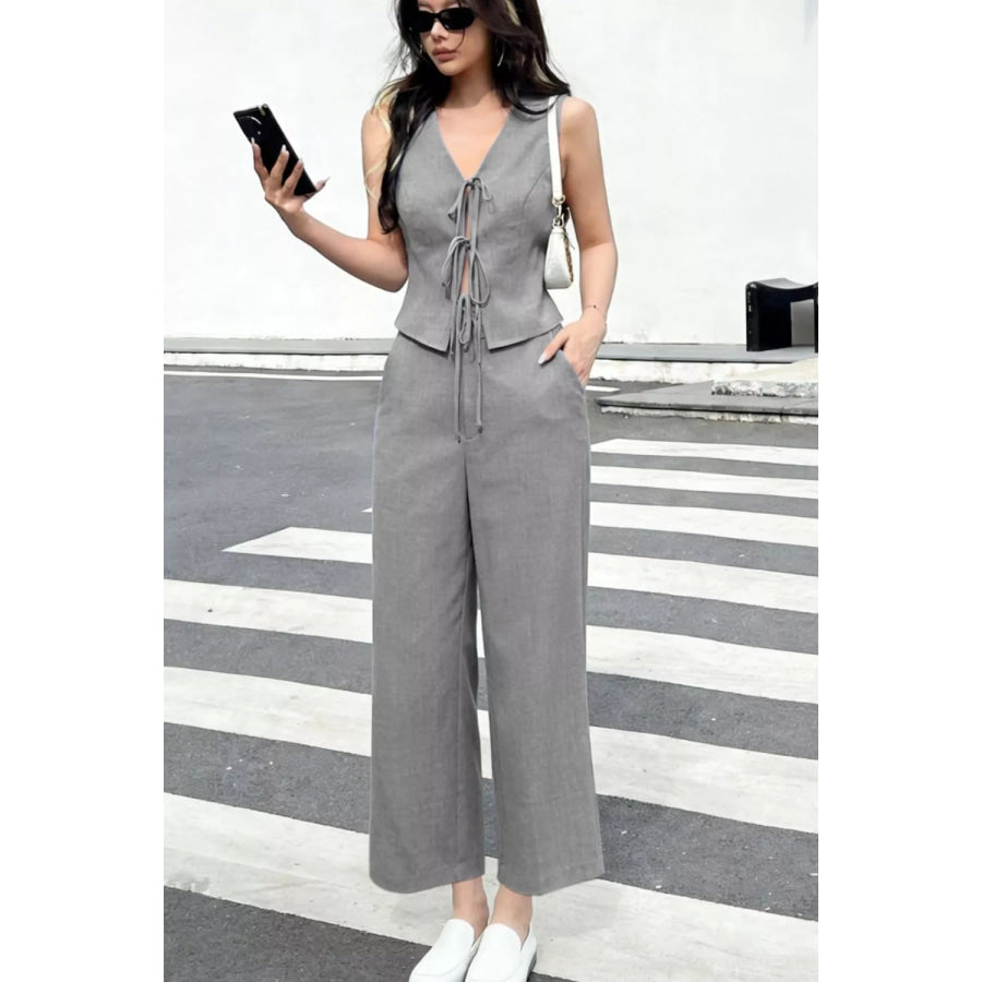 Tie Front Vest and Wide Leg Pants Set Gray / S Apparel and Accessories