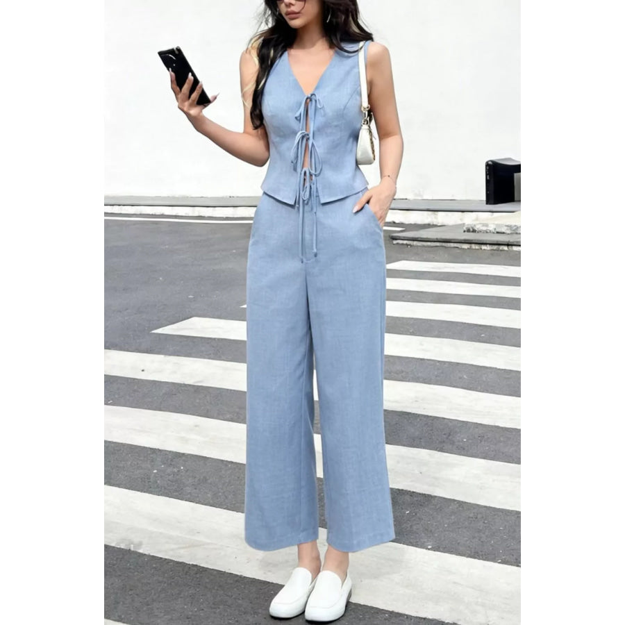 Tie Front Vest and Wide Leg Pants Set Light Blue / S Apparel and Accessories