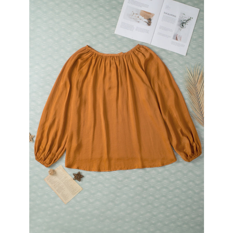 Tie Neck Balloon Sleeve Blouse Caramel / S Apparel and Accessories