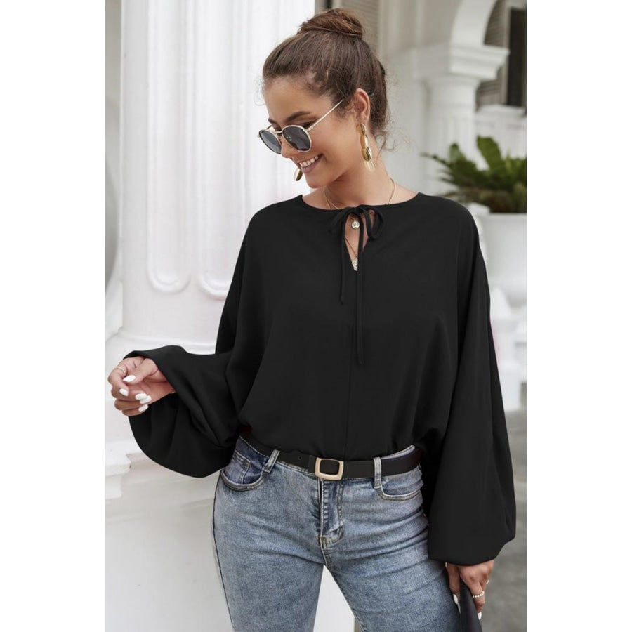 Tie Neck Balloon Sleeve Blouse Black / S