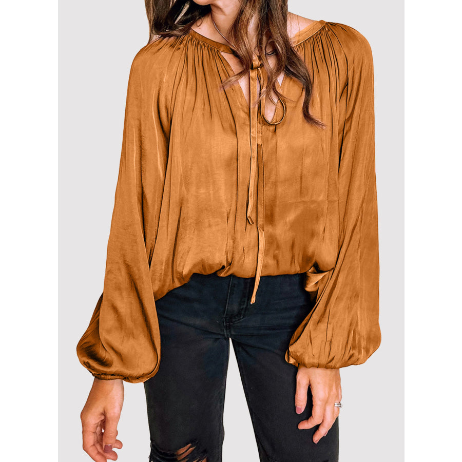 Tie Neck Balloon Sleeve Blouse Caramel / S Apparel and Accessories