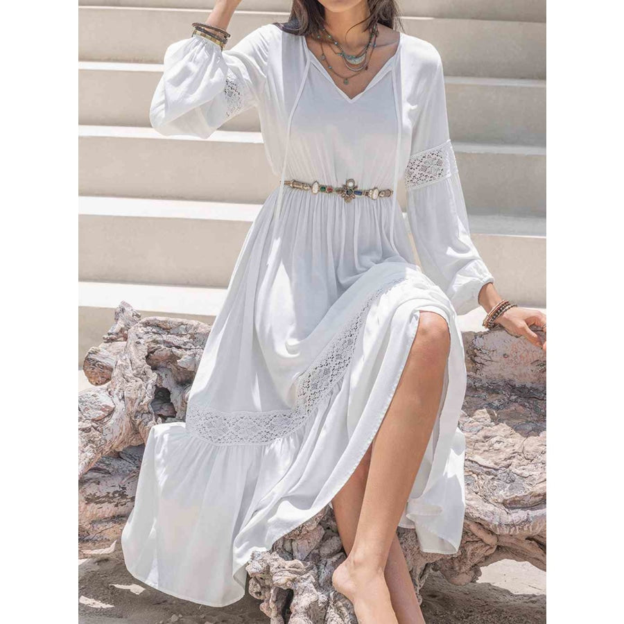 Tie Neck Balloon Sleeve Midi Dress White / S