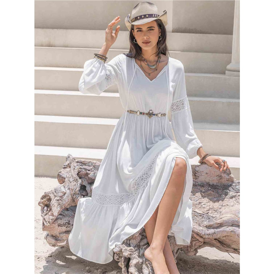 Tie Neck Balloon Sleeve Midi Dress White / S