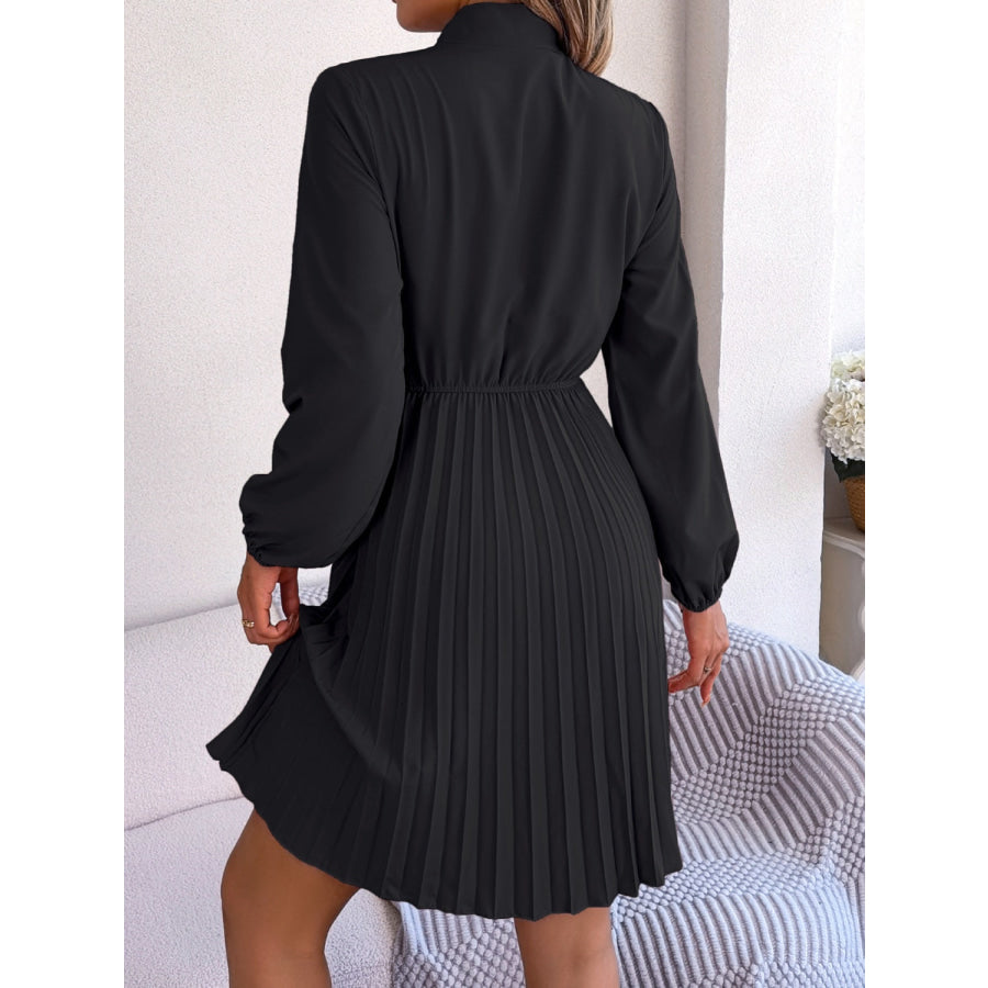 Tie Neck Balloon Sleeve Pleated Dress Apparel and Accessories