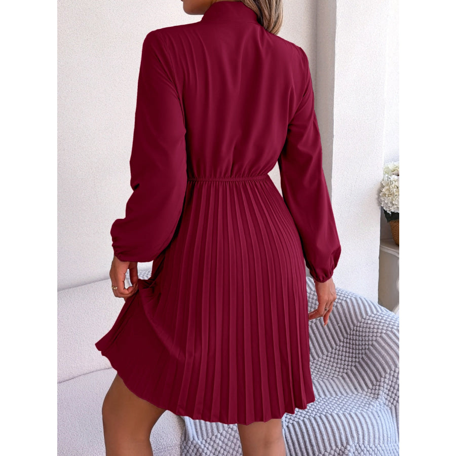 Tie Neck Balloon Sleeve Pleated Dress Apparel and Accessories