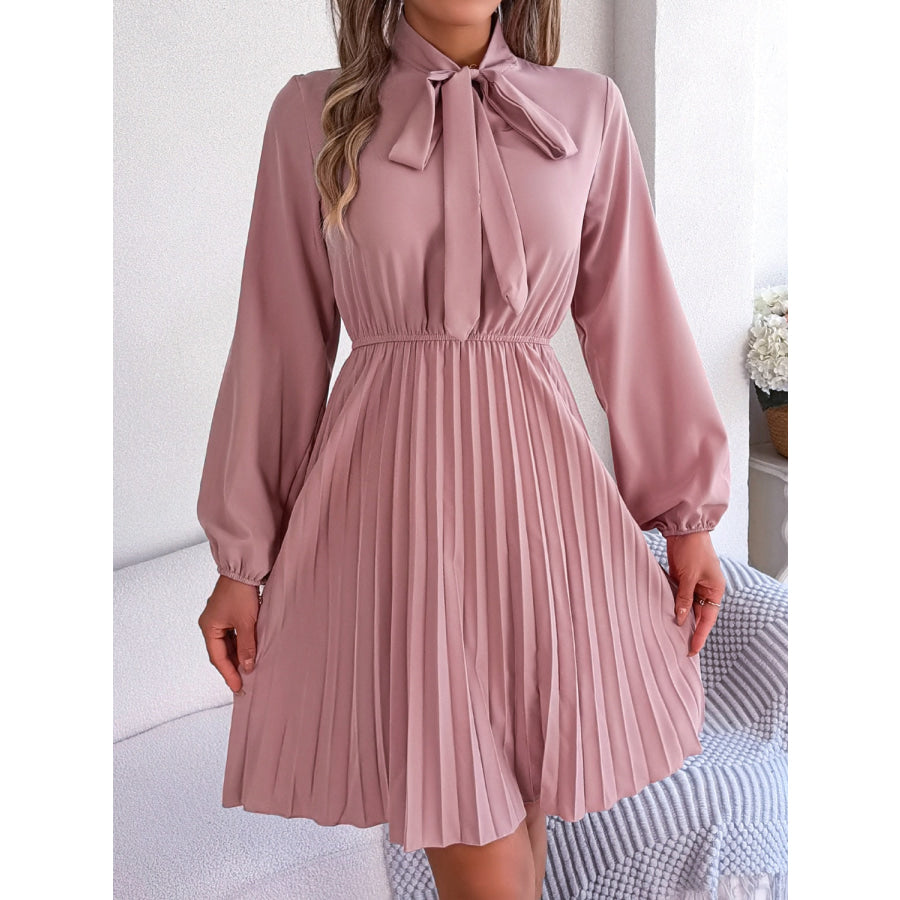 Tie Neck Balloon Sleeve Pleated Dress Apparel and Accessories