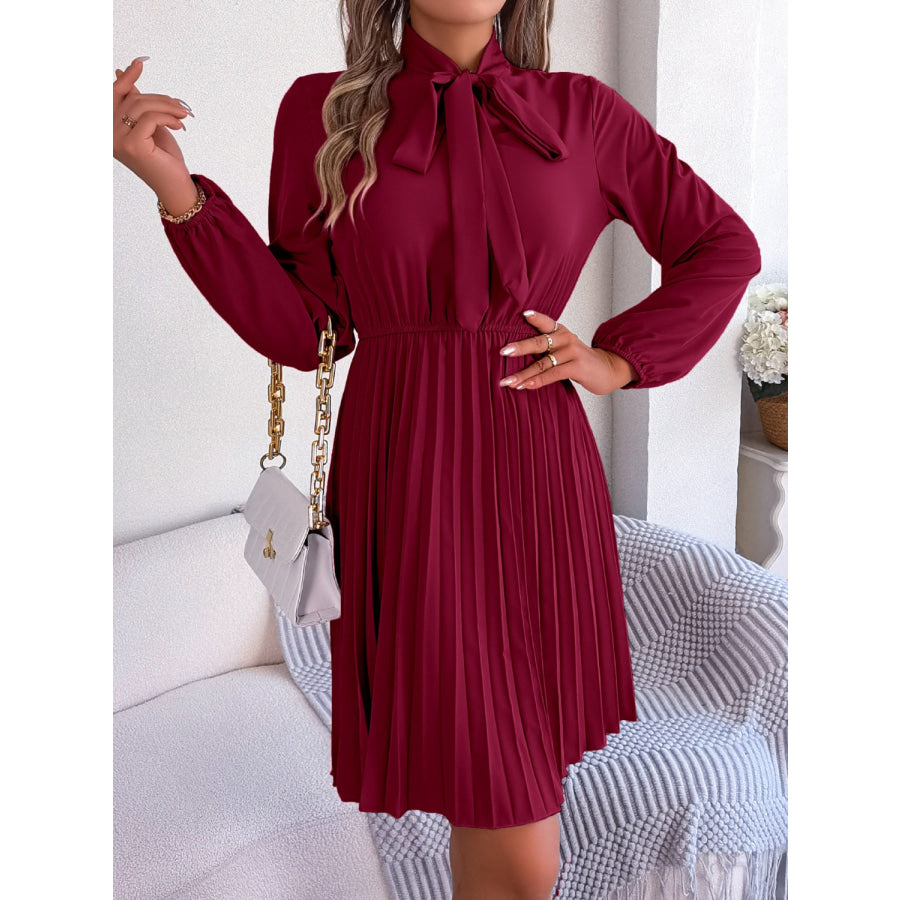 Tie Neck Balloon Sleeve Pleated Dress Wine / S Apparel and Accessories
