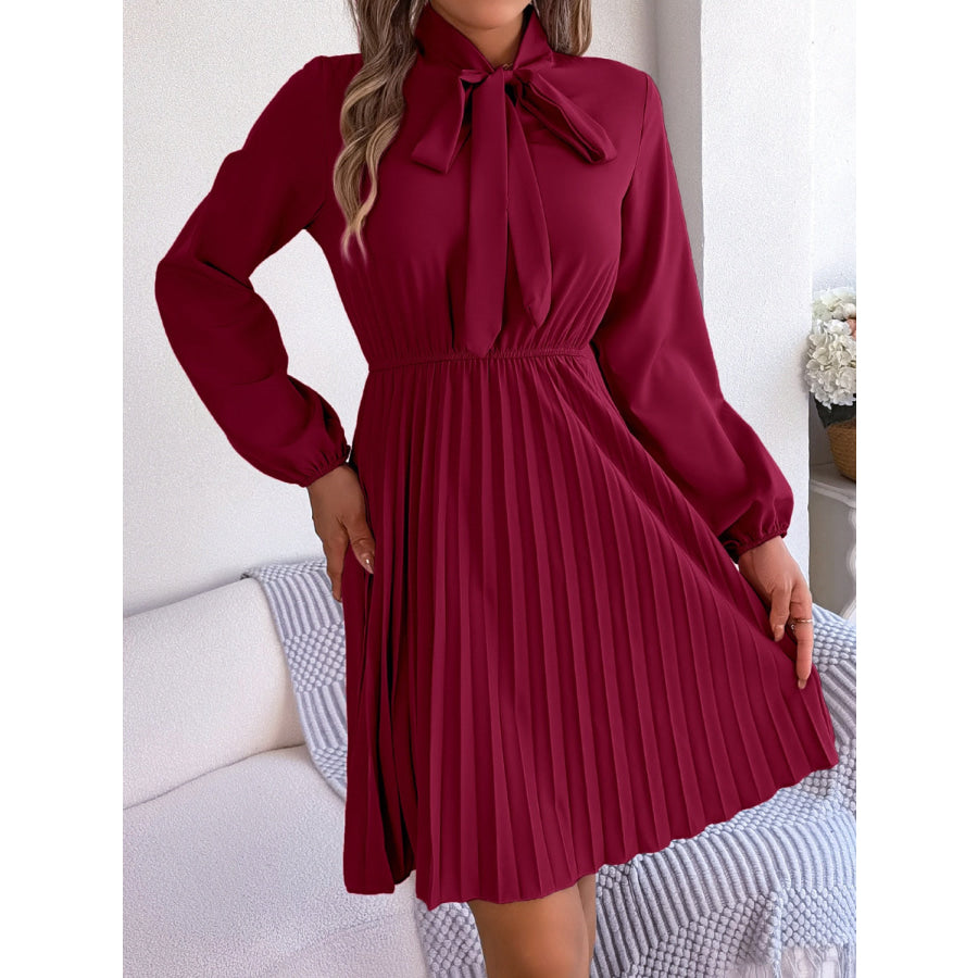 Tie Neck Balloon Sleeve Pleated Dress Apparel and Accessories