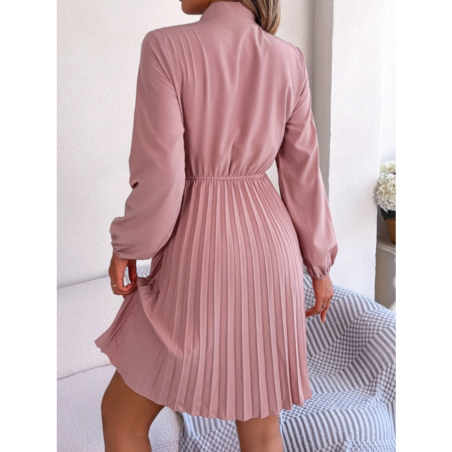 Tie Neck Balloon Sleeve Pleated Dress Apparel and Accessories