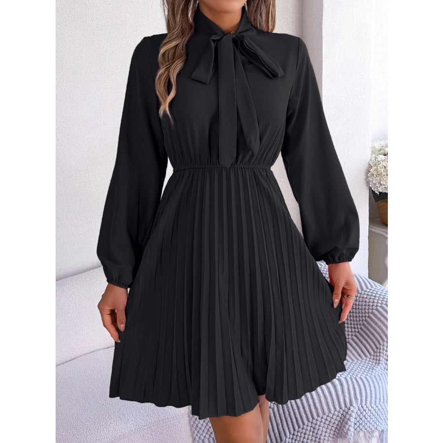 Tie Neck Balloon Sleeve Pleated Dress Black / S Apparel and Accessories