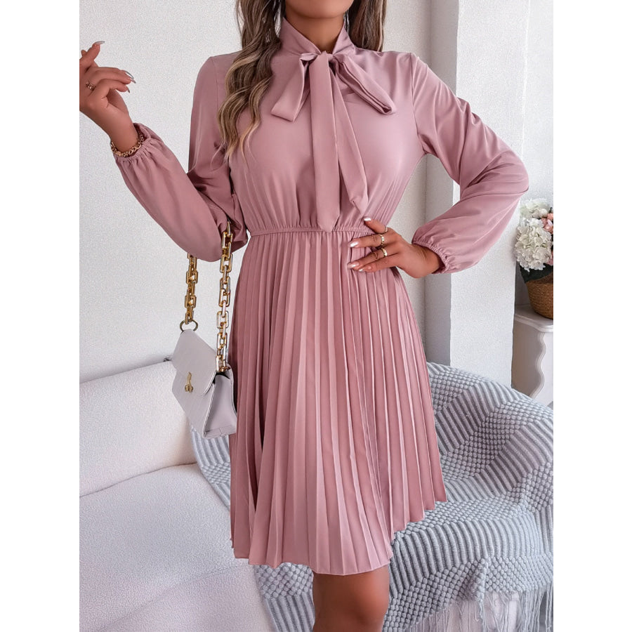 Tie Neck Balloon Sleeve Pleated Dress Dusty Pink / S Apparel and Accessories