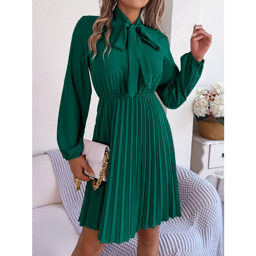 Tie Neck Balloon Sleeve Pleated Dress Green / S Apparel and Accessories