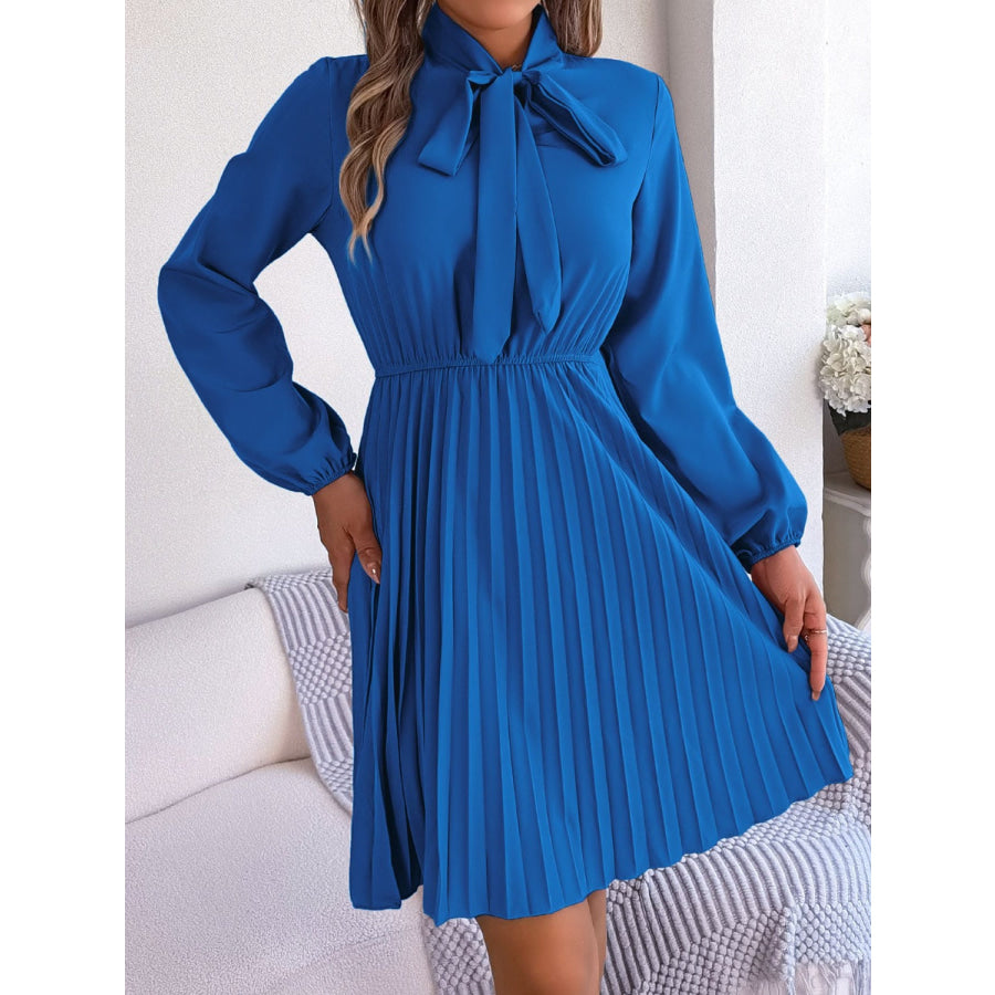 Tie Neck Balloon Sleeve Pleated Dress Peacock Blue / S Apparel and Accessories