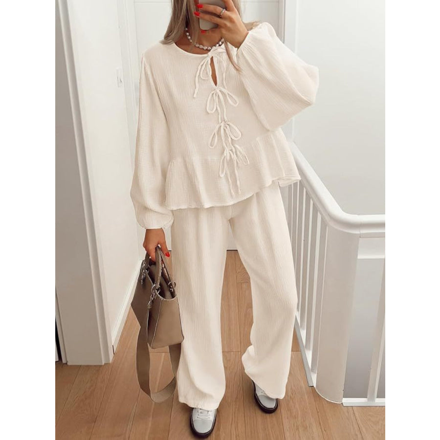 Tie Neck Balloon Sleeve Top and Pants Set Cream / S Apparel and Accessories