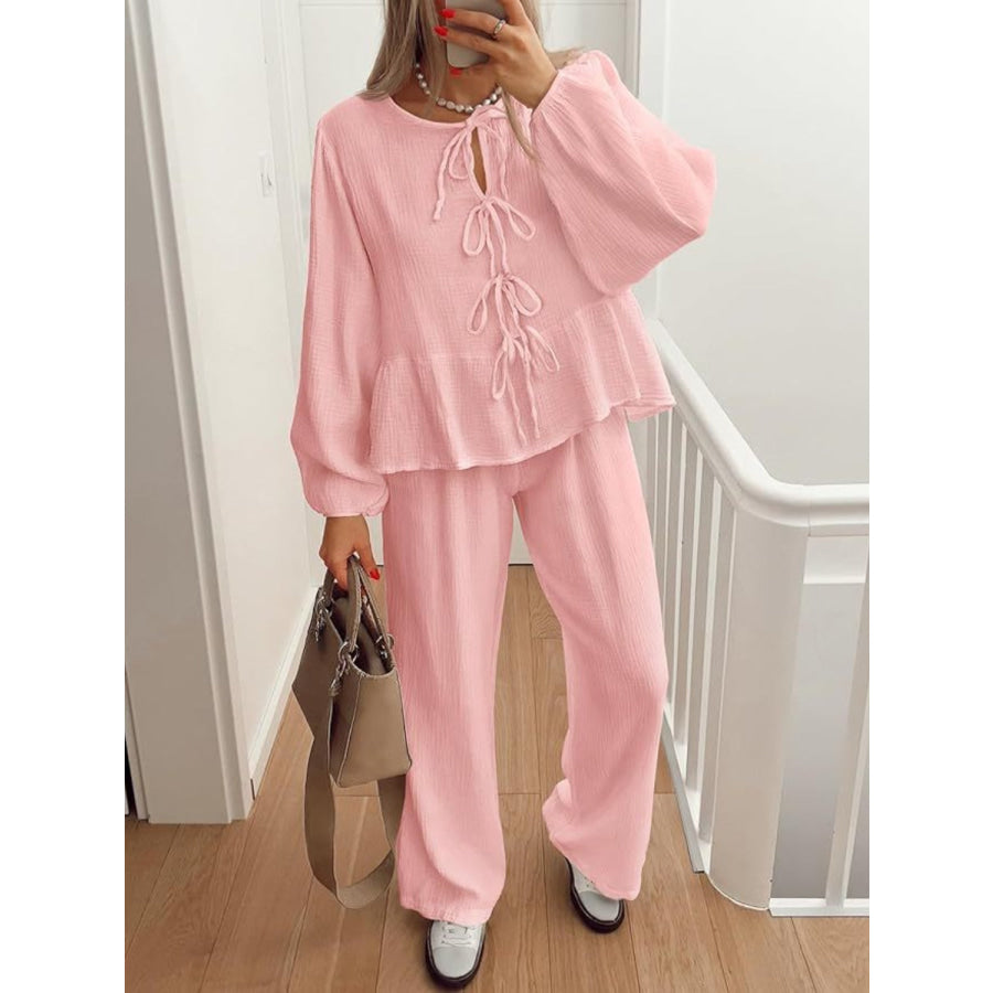 Tie Neck Balloon Sleeve Top and Pants Set Apparel and Accessories