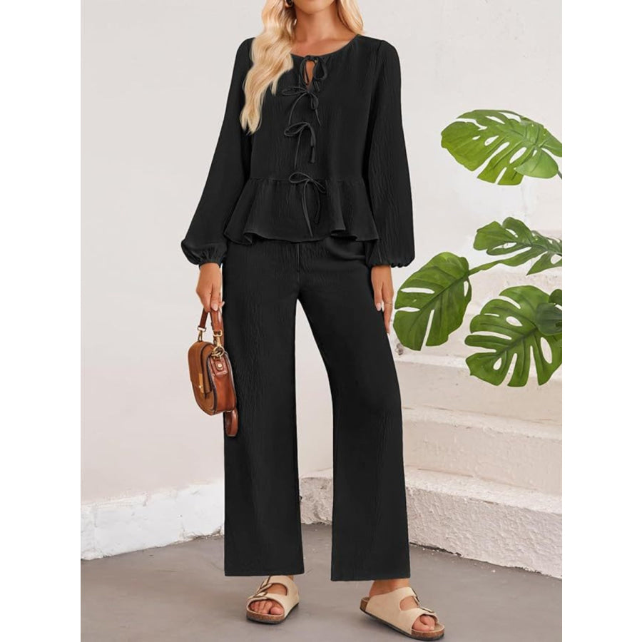 Tie Neck Balloon Sleeve Top and Pants Set Black / S Apparel and Accessories