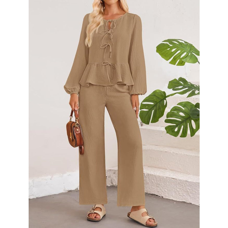 Tie Neck Balloon Sleeve Top and Pants Set Camel / S Apparel and Accessories