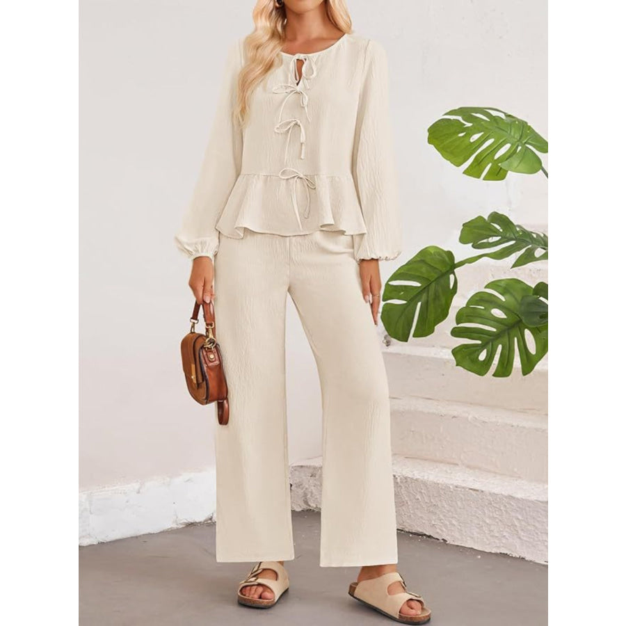 Tie Neck Balloon Sleeve Top and Pants Set Cream / S Apparel and Accessories