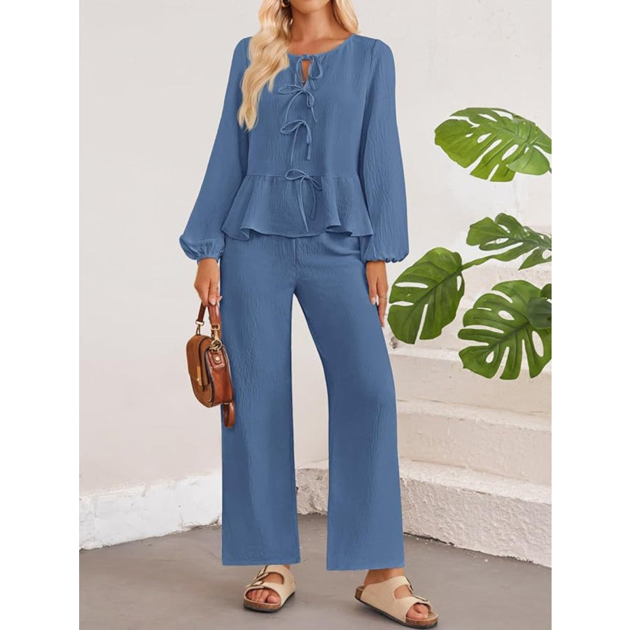 Tie Neck Balloon Sleeve Top and Pants Set Dusty Blue / S Apparel and Accessories