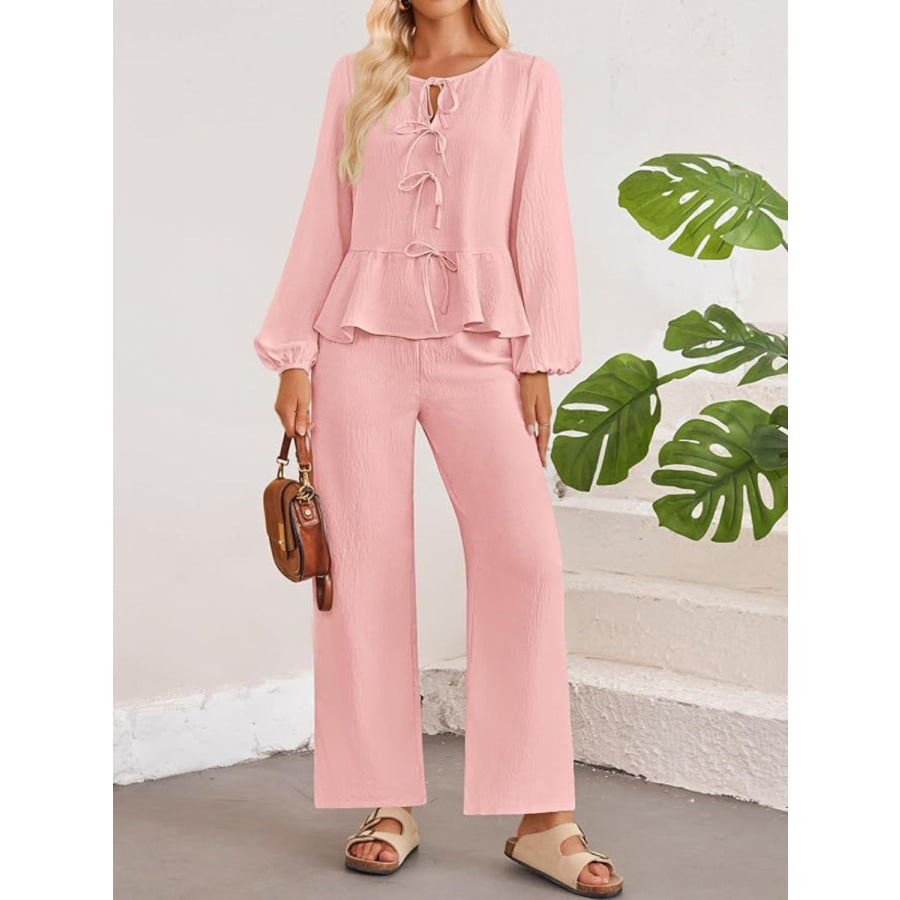 Tie Neck Balloon Sleeve Top and Pants Set Dusty Pink / S Apparel and Accessories