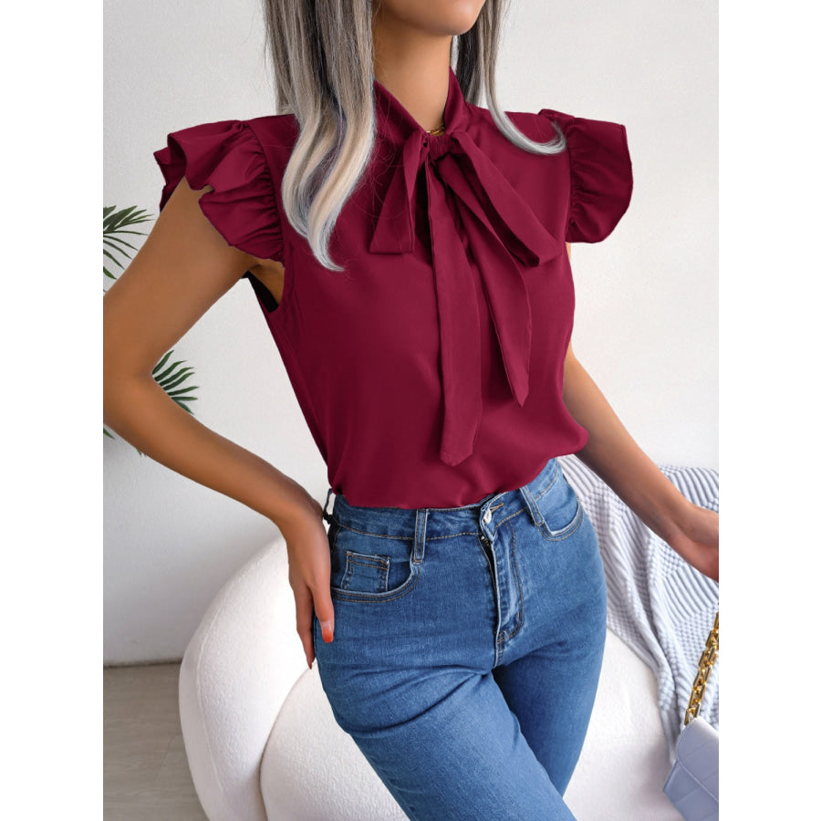 Tie Neck Cap Sleeve Blouse Apparel and Accessories