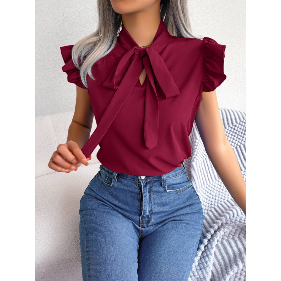 Tie Neck Cap Sleeve Blouse Apparel and Accessories