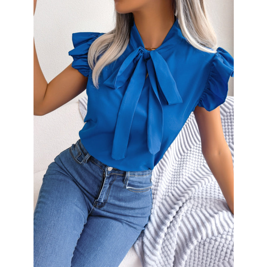 Tie Neck Cap Sleeve Blouse Apparel and Accessories