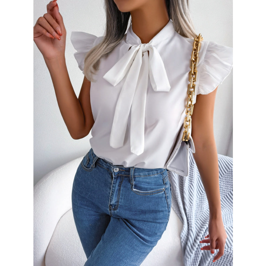 Tie Neck Cap Sleeve Blouse White / S Apparel and Accessories