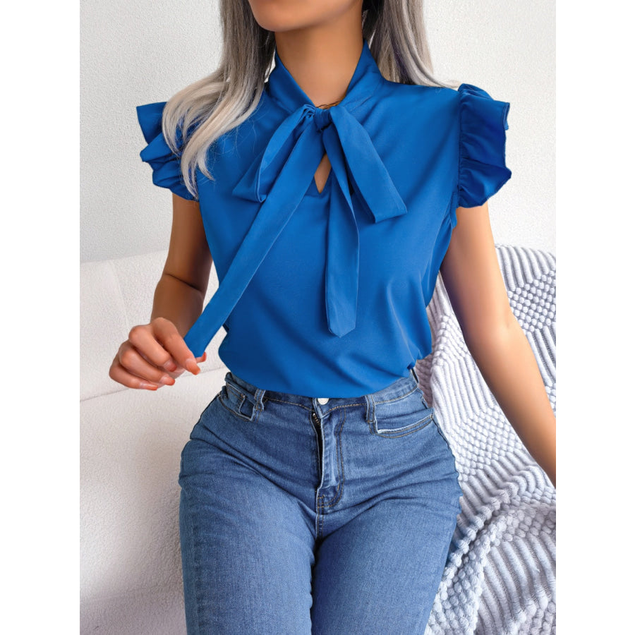 Tie Neck Cap Sleeve Blouse Apparel and Accessories