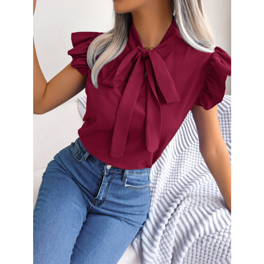 Tie Neck Cap Sleeve Blouse Apparel and Accessories