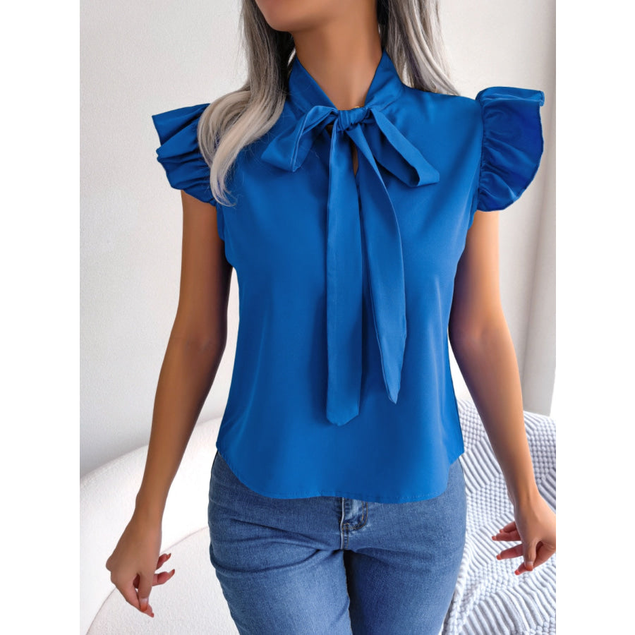Tie Neck Cap Sleeve Blouse Azure / S Apparel and Accessories